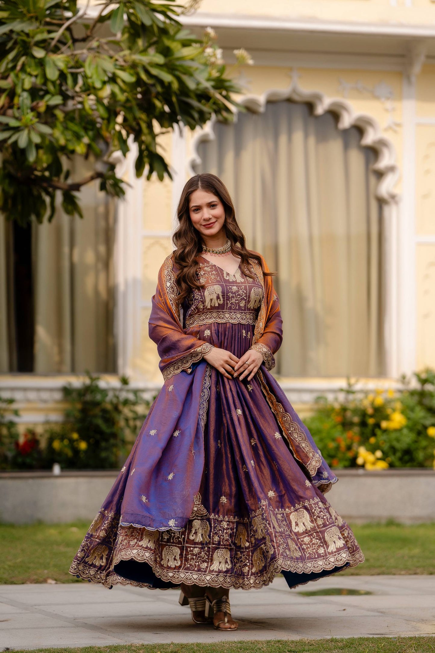 Exclusive Dual Tone Fendy Satin Embroidered Gown with Dupatta – Heavy Embroidery Party Wear Designer Gown for Women
