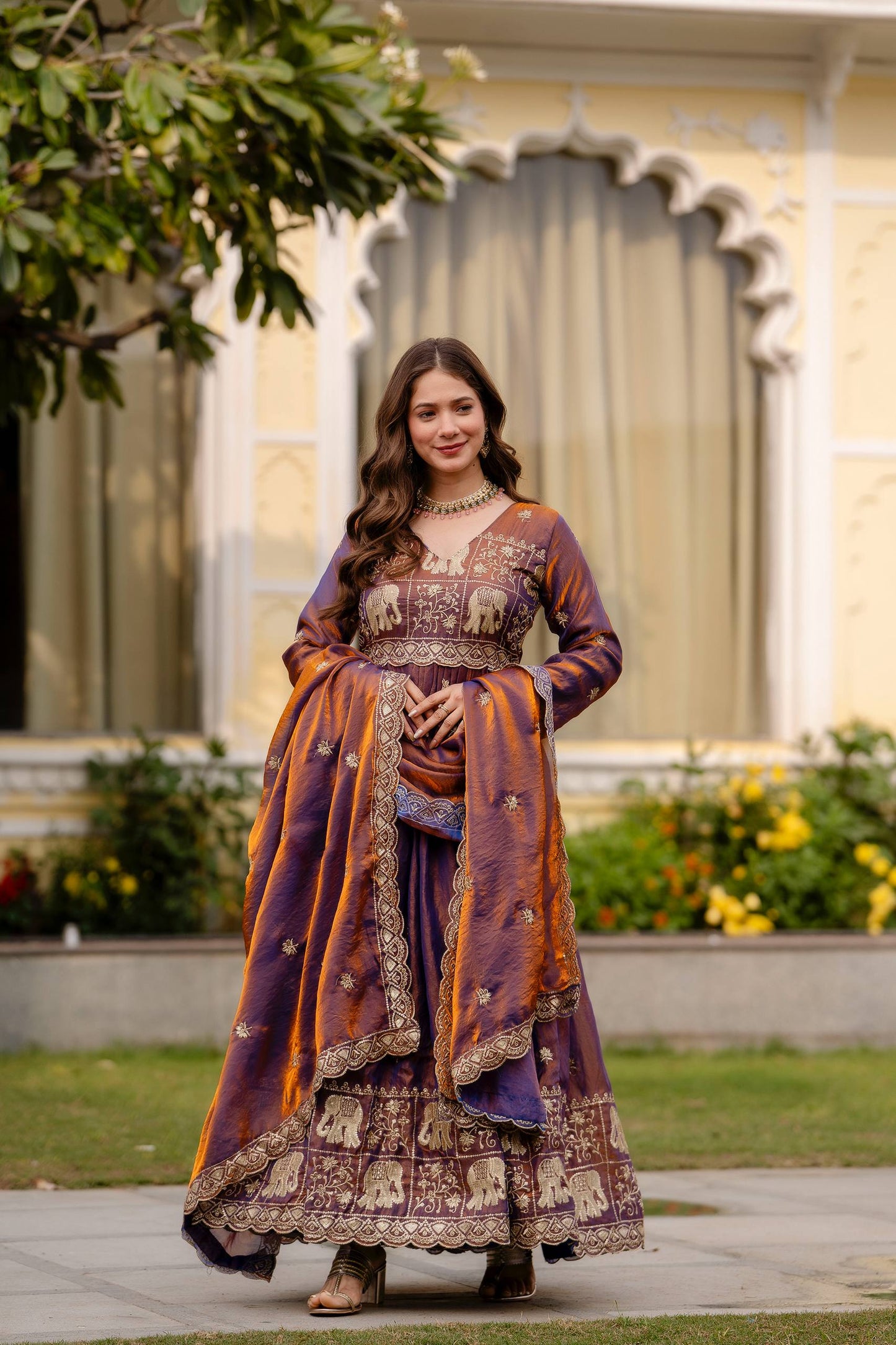 Exclusive Dual Tone Fendy Satin Embroidered Gown with Dupatta – Heavy Embroidery Party Wear Designer Gown for Women