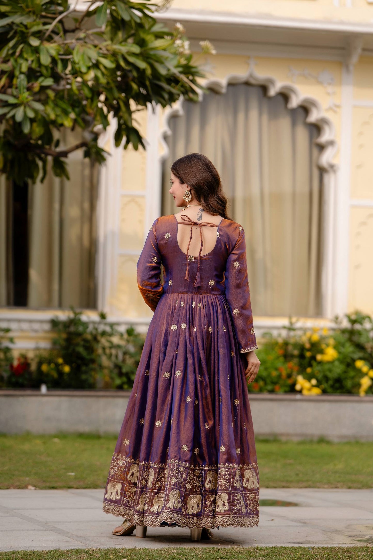 Exclusive Dual Tone Fendy Satin Embroidered Gown with Dupatta – Heavy Embroidery Party Wear Designer Gown for Women
