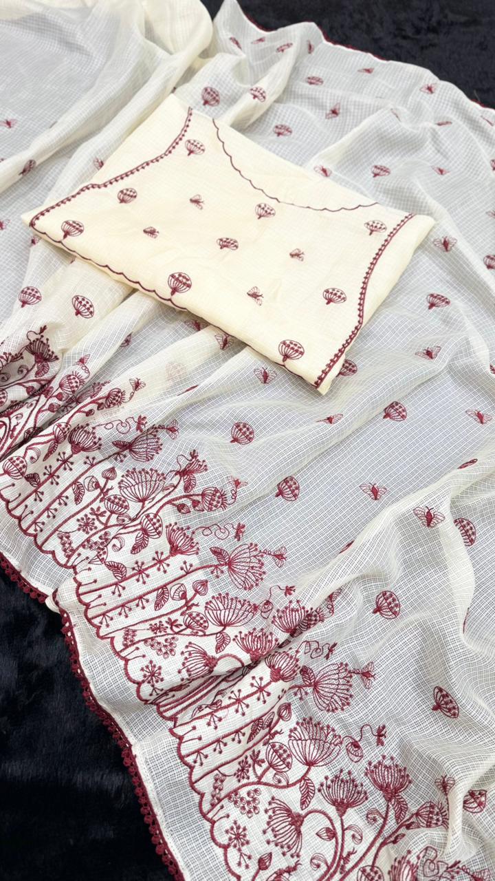 Heavy Kota Checks Saree with Multi Embroidery Butti Lace Work & Embroidered Blouse – Designer Party Wear Kota Checks Saree for Women