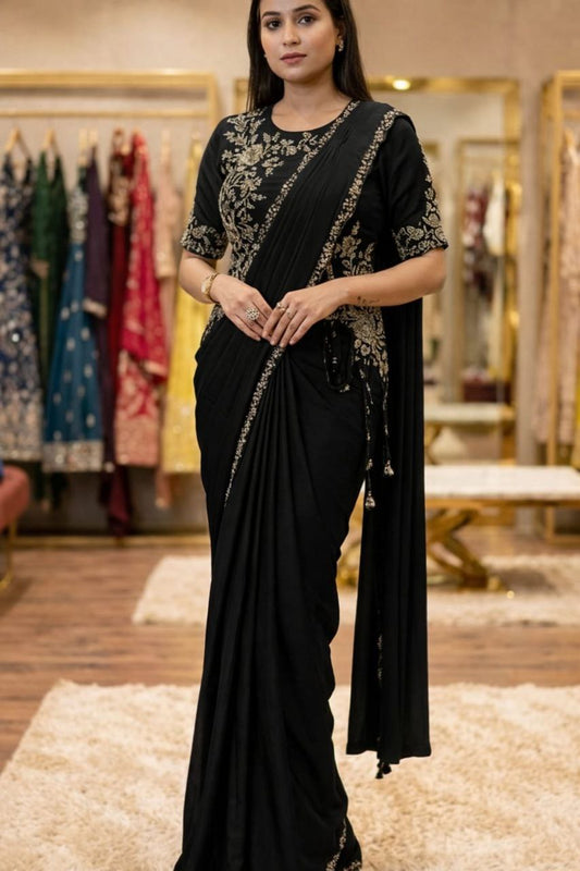 Ready to Wear Chinnon Silk Drape Saree with Sequence Embroidery & Stitched Blouse – Designer Party Wear Festive Saree