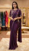 Ready to Wear Chinnon Silk Drape Saree with Sequence Embroidery & Stitched Blouse – Designer Party Wear Festive Saree