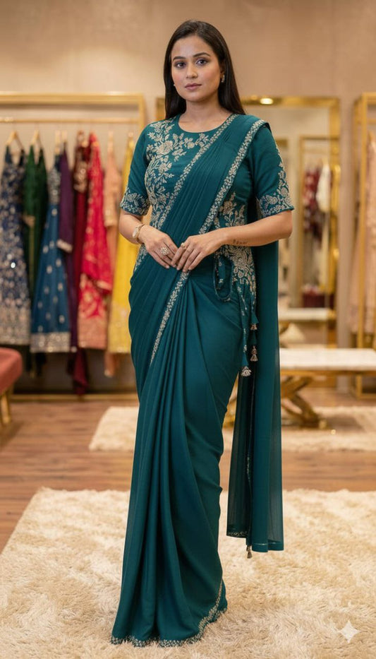 Ready to Wear Chinnon Silk Drape Saree with Sequence Embroidery & Stitched Blouse – Designer Party Wear Festive Saree