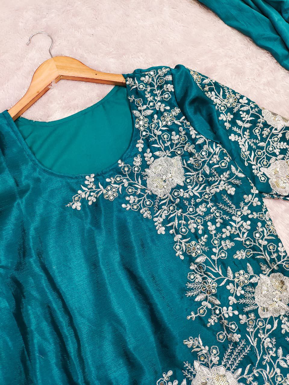 Ready to Wear Chinnon Silk Drape Saree with Sequence Embroidery & Stitched Blouse – Designer Party Wear Festive Saree