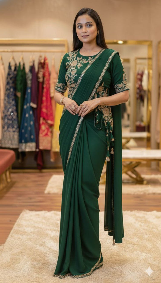Ready to Wear Chinnon Silk Drape Saree with Sequence Embroidery & Stitched Blouse – Designer Party Wear Festive Saree