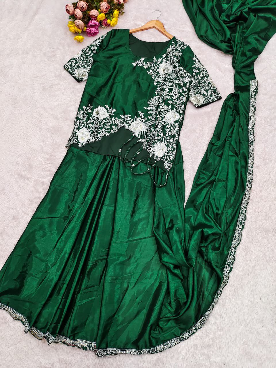 Ready to Wear Chinnon Silk Drape Saree with Sequence Embroidery & Stitched Blouse – Designer Party Wear Festive Saree