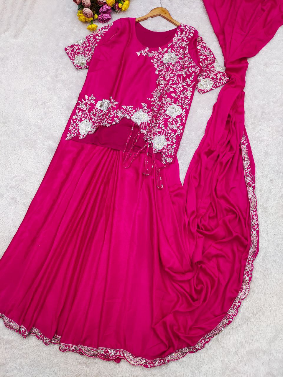 Ready to Wear Chinnon Silk Drape Saree with Sequence Embroidery & Stitched Blouse – Designer Party Wear Festive Saree