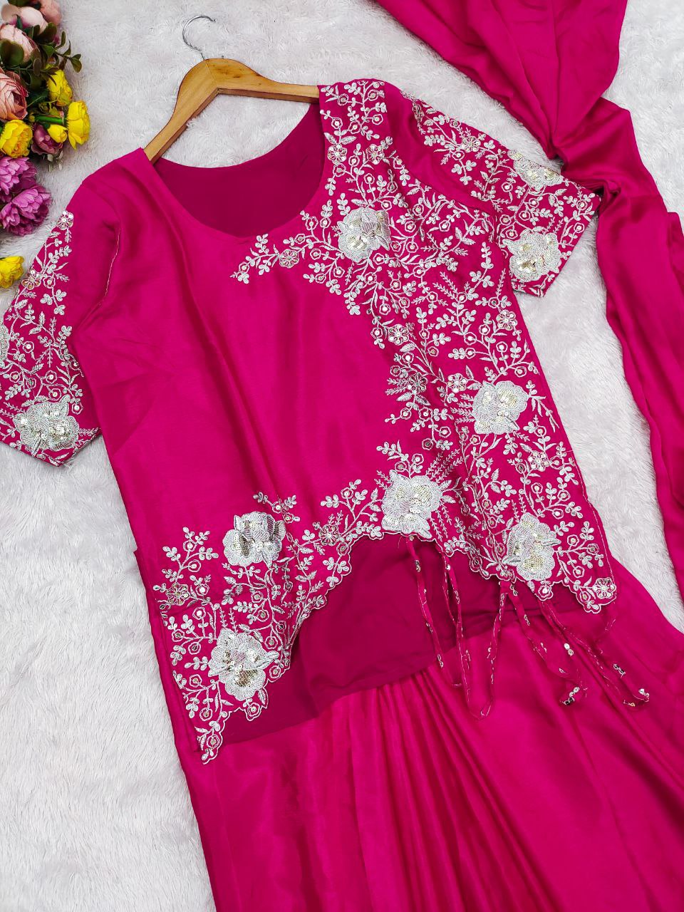 Ready to Wear Chinnon Silk Drape Saree with Sequence Embroidery & Stitched Blouse – Designer Party Wear Festive Saree