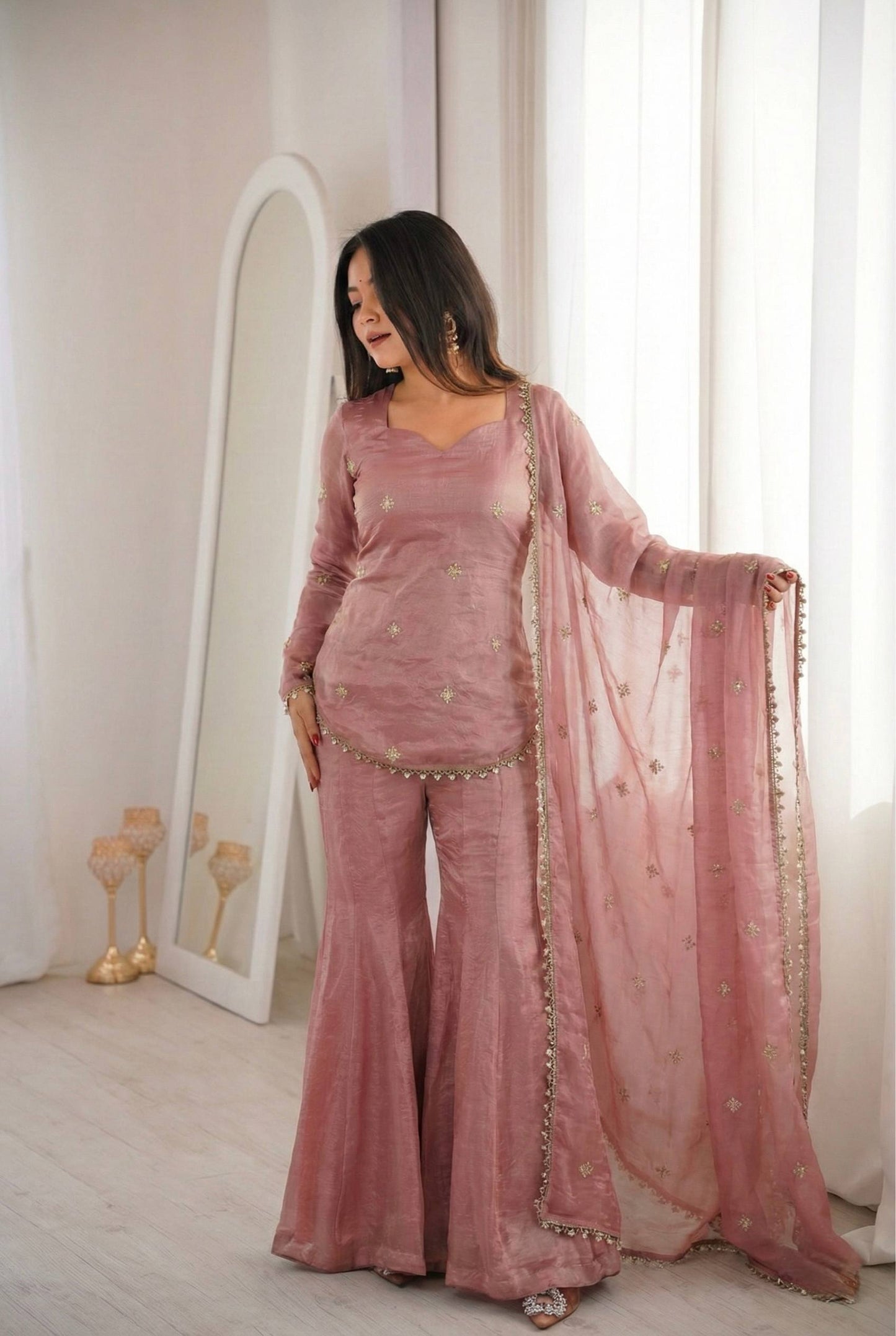 Women’s Fendy Silk Sharara Suit Set with Embroidery Sequence Work Dupatta | Fully Stitched Ready to Wear Party Wear Outfit