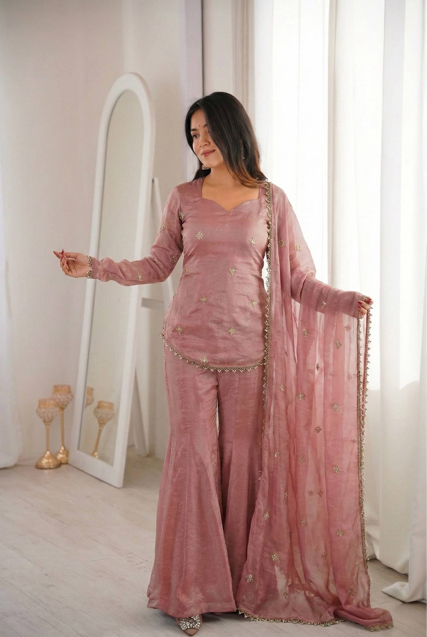 Women’s Fendy Silk Sharara Suit Set with Embroidery Sequence Work Dupatta | Fully Stitched Ready to Wear Party Wear Outfit