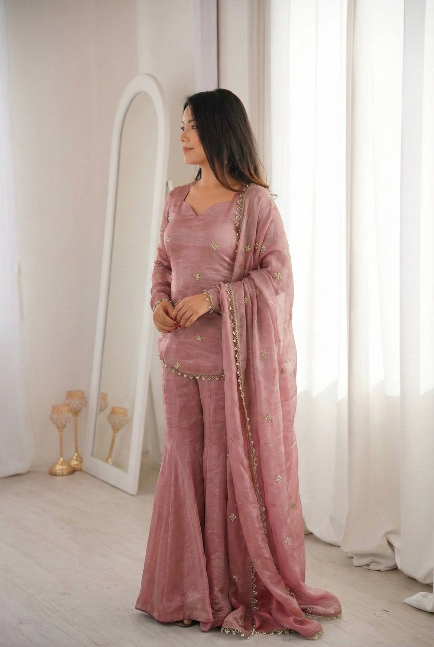 Women’s Fendy Silk Sharara Suit Set with Embroidery Sequence Work Dupatta | Fully Stitched Ready to Wear Party Wear Outfit