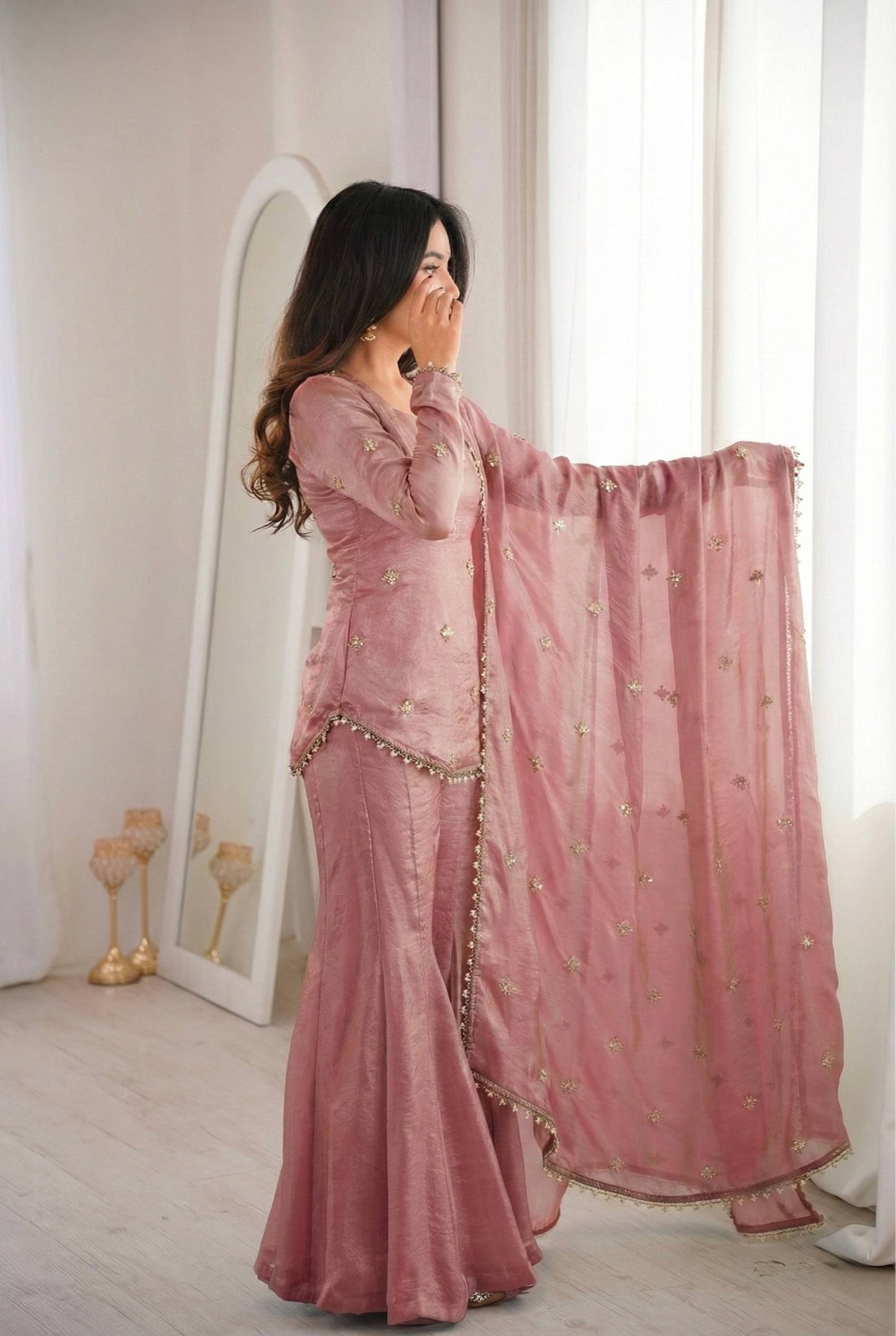 Women’s Fendy Silk Sharara Suit Set with Embroidery Sequence Work Dupatta | Fully Stitched Ready to Wear Party Wear Outfit
