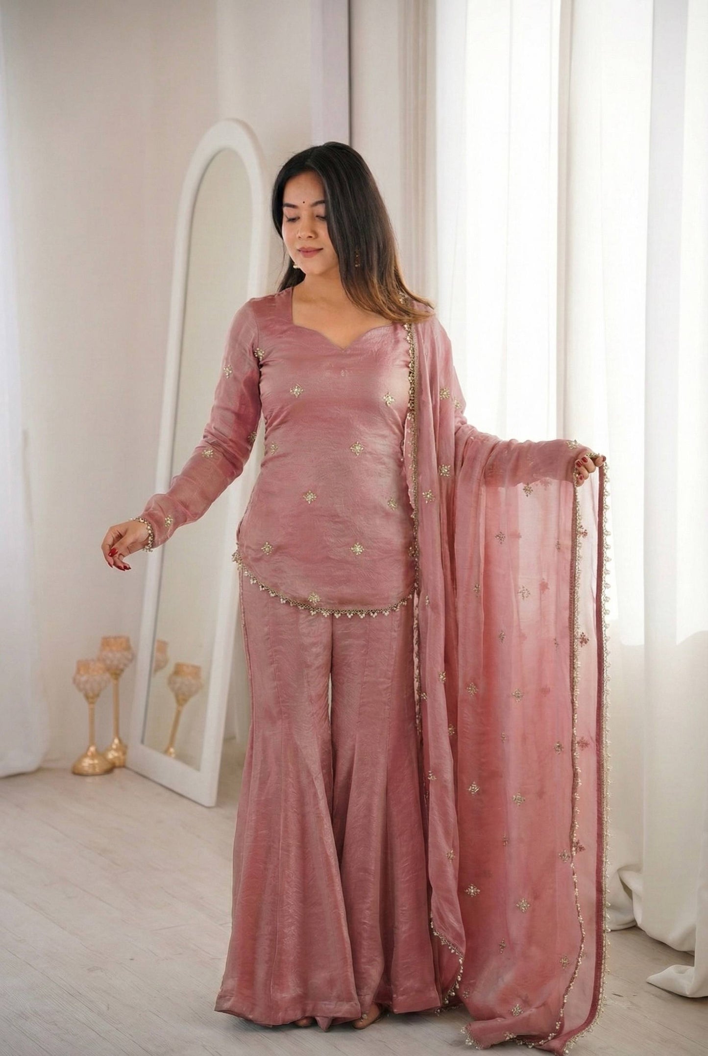 Women’s Fendy Silk Sharara Suit Set with Embroidery Sequence Work Dupatta | Fully Stitched Ready to Wear Party Wear Outfit