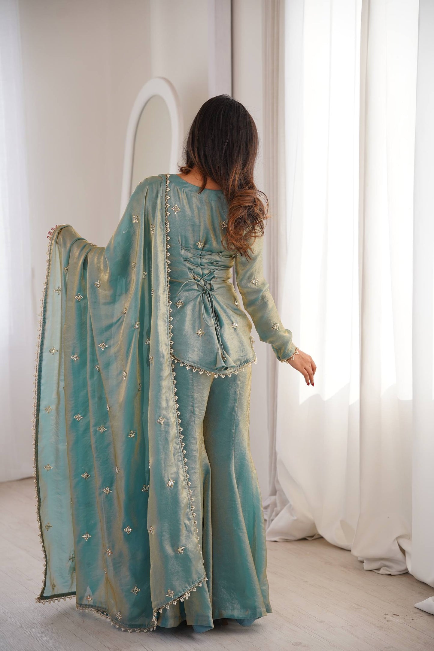 Women’s Fendy Silk Sharara Suit Set with Embroidery Sequence Work Dupatta | Fully Stitched Ready to Wear Party Wear Outfit