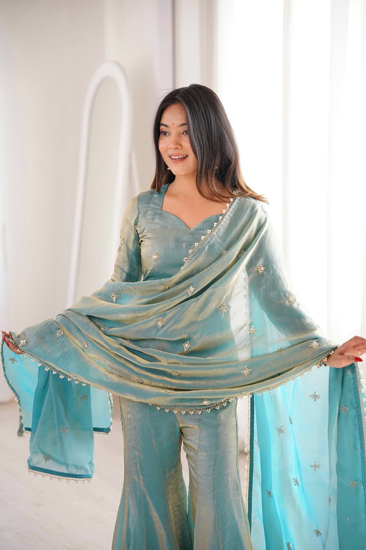 Women’s Fendy Silk Sharara Suit Set with Embroidery Sequence Work Dupatta | Fully Stitched Ready to Wear Party Wear Outfit