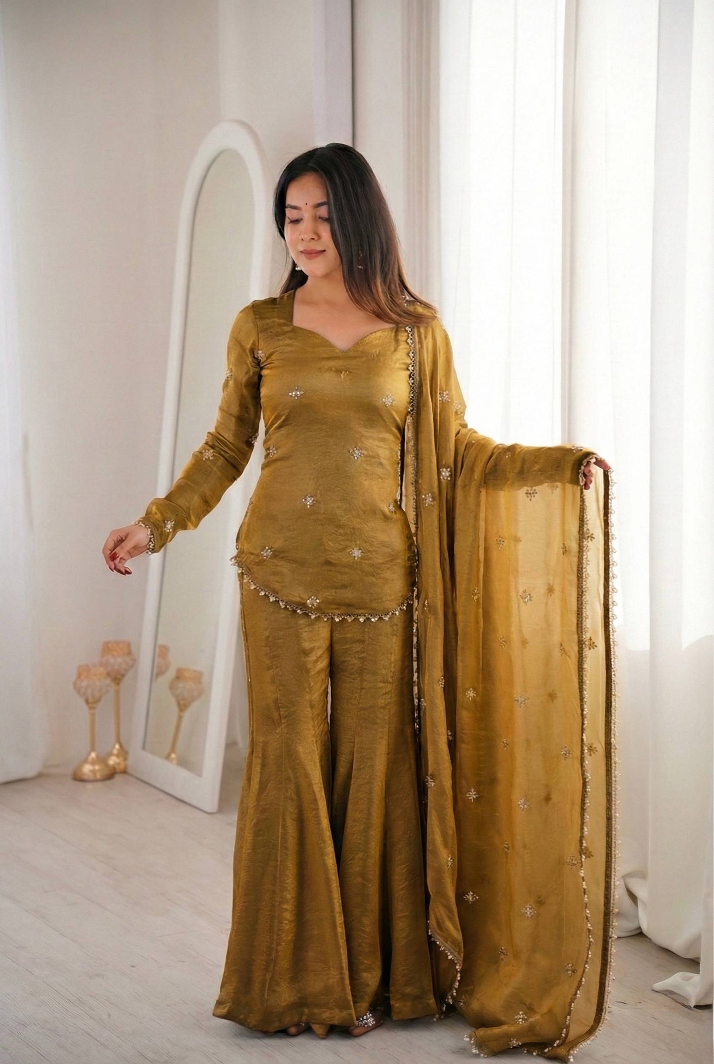 Women’s Fendy Silk Sharara Suit Set with Embroidery Sequence Work Dupatta | Fully Stitched Ready to Wear Party Wear Outfit