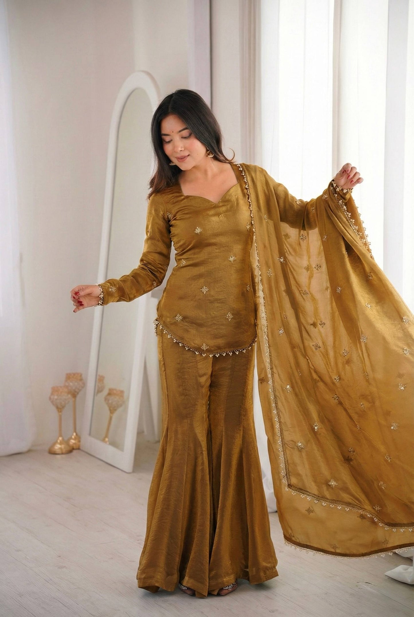 Women’s Fendy Silk Sharara Suit Set with Embroidery Sequence Work Dupatta | Fully Stitched Ready to Wear Party Wear Outfit