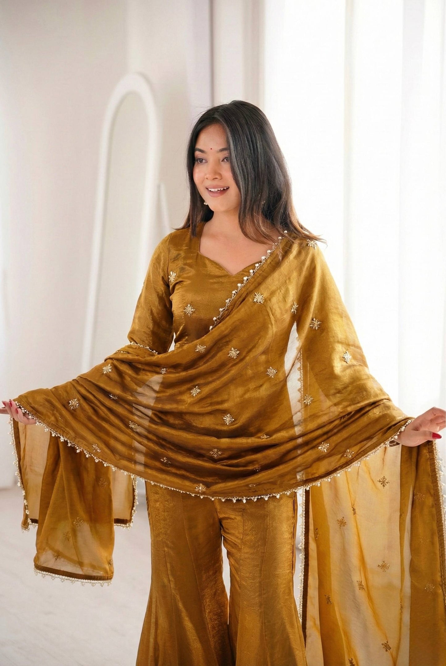 Women’s Fendy Silk Sharara Suit Set with Embroidery Sequence Work Dupatta | Fully Stitched Ready to Wear Party Wear Outfit