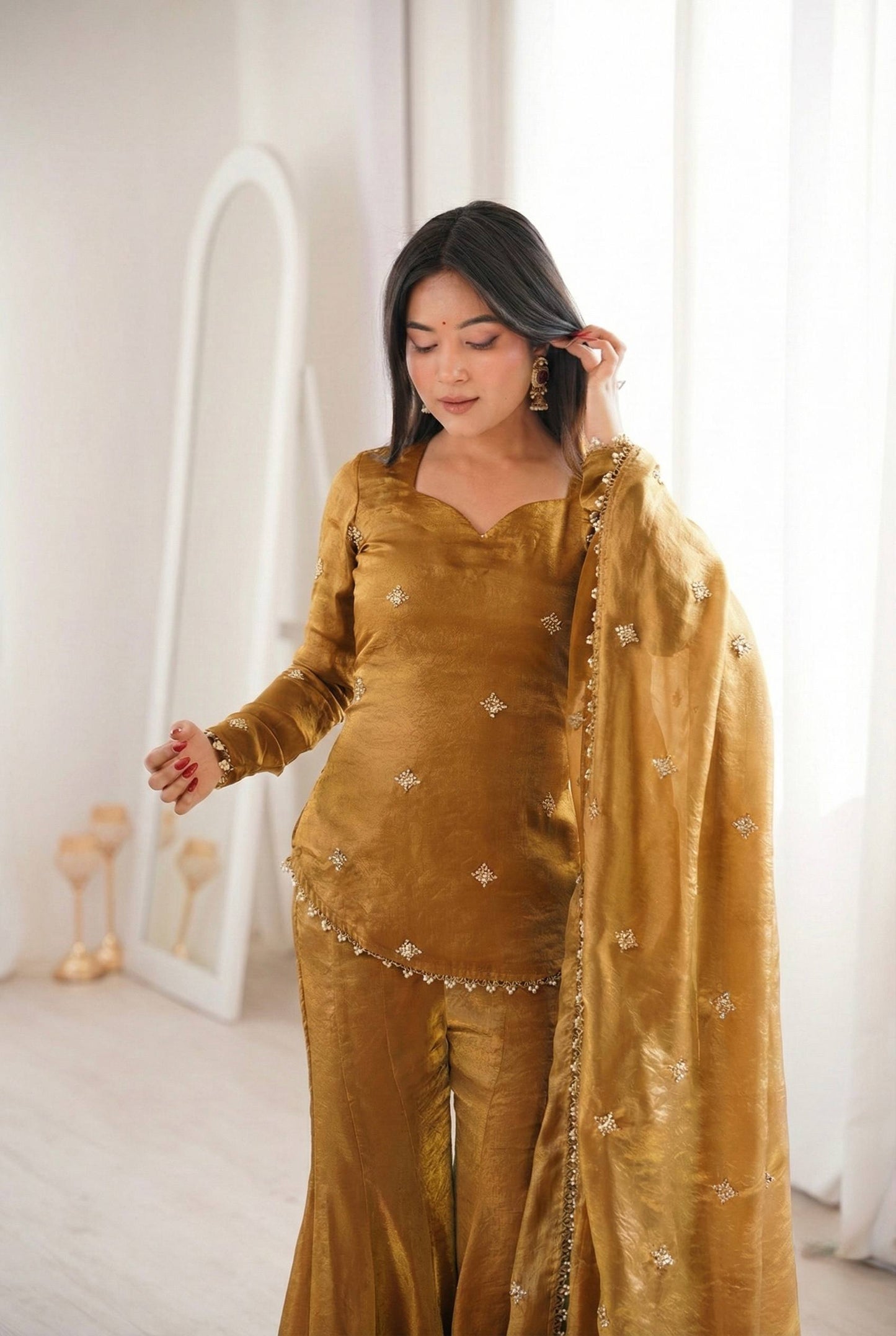 Women’s Fendy Silk Sharara Suit Set with Embroidery Sequence Work Dupatta | Fully Stitched Ready to Wear Party Wear Outfit