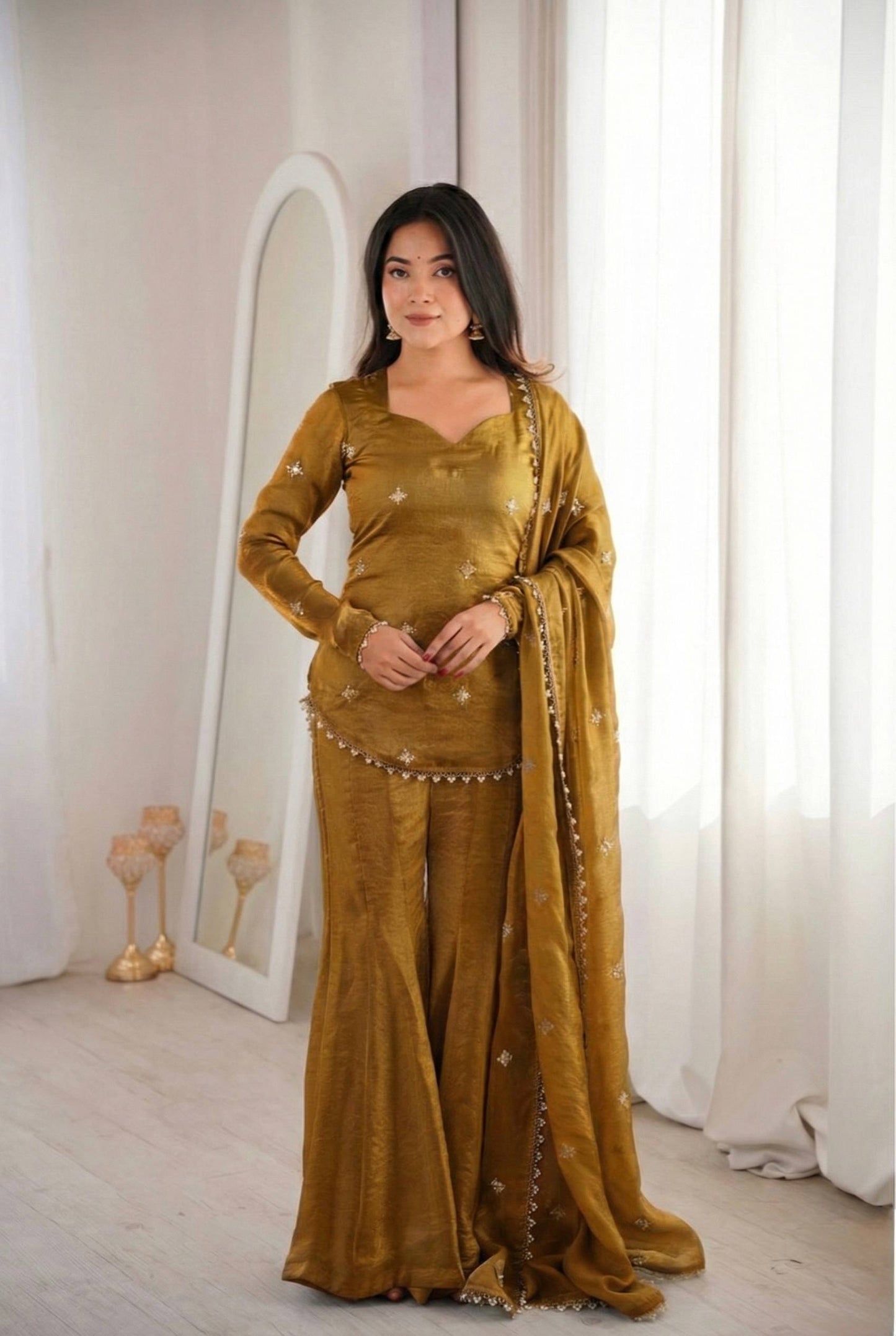 Women’s Fendy Silk Sharara Suit Set with Embroidery Sequence Work Dupatta | Fully Stitched Ready to Wear Party Wear Outfit