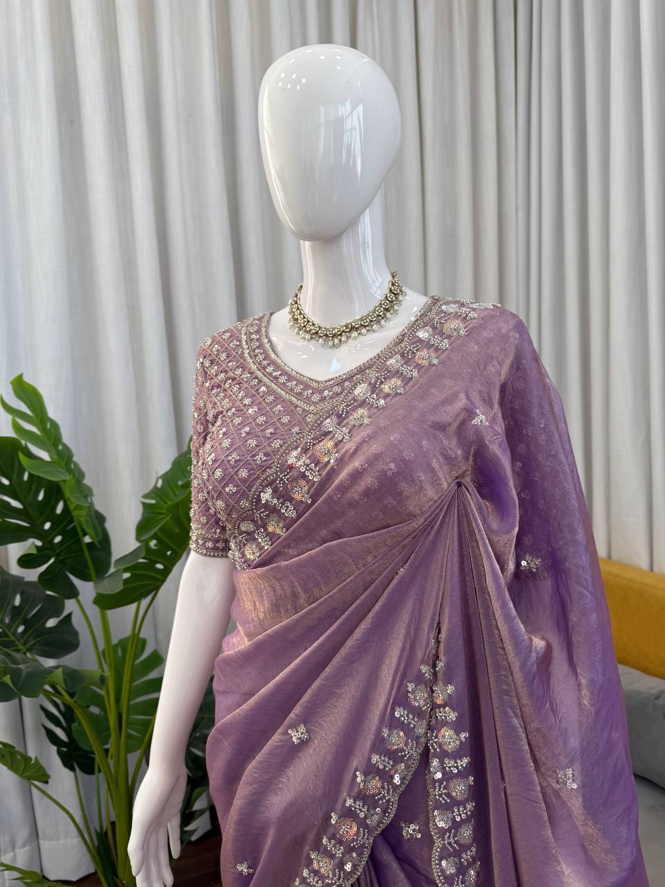 Designer Fendy Silk Saree with Heavy Beads, Thread & Sequence Work – Wedding & Party Wear Saree with Unstitched Blouse