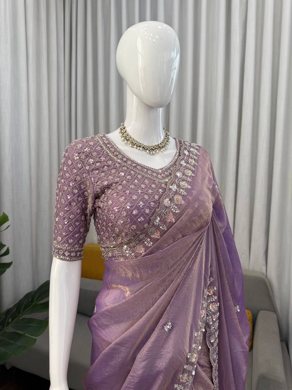 Designer Fendy Silk Saree with Heavy Beads, Thread & Sequence Work – Wedding & Party Wear Saree with Unstitched Blouse