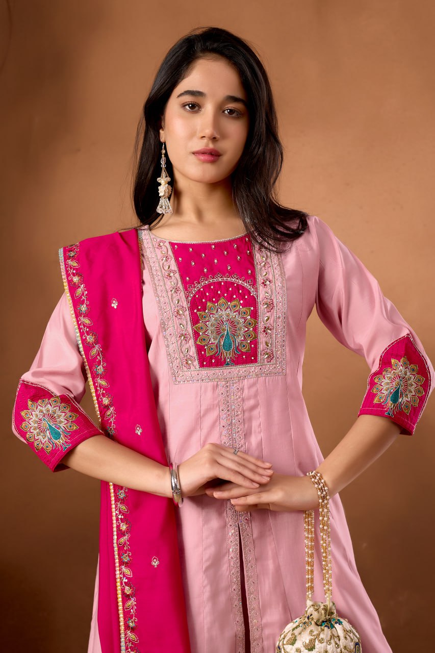 Roman Silk Anarkali Kurti Set with Plazo & Embroidered Dupatta