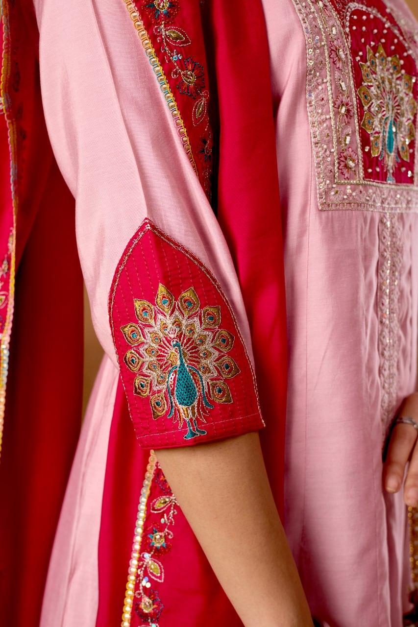 Roman Silk Anarkali Kurti Set with Plazo & Embroidered Dupatta