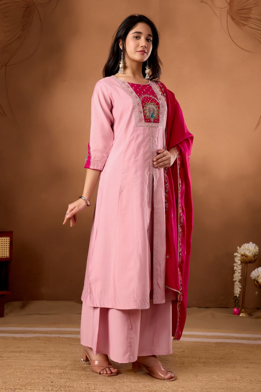Roman Silk Anarkali Kurti Set with Plazo & Embroidered Dupatta