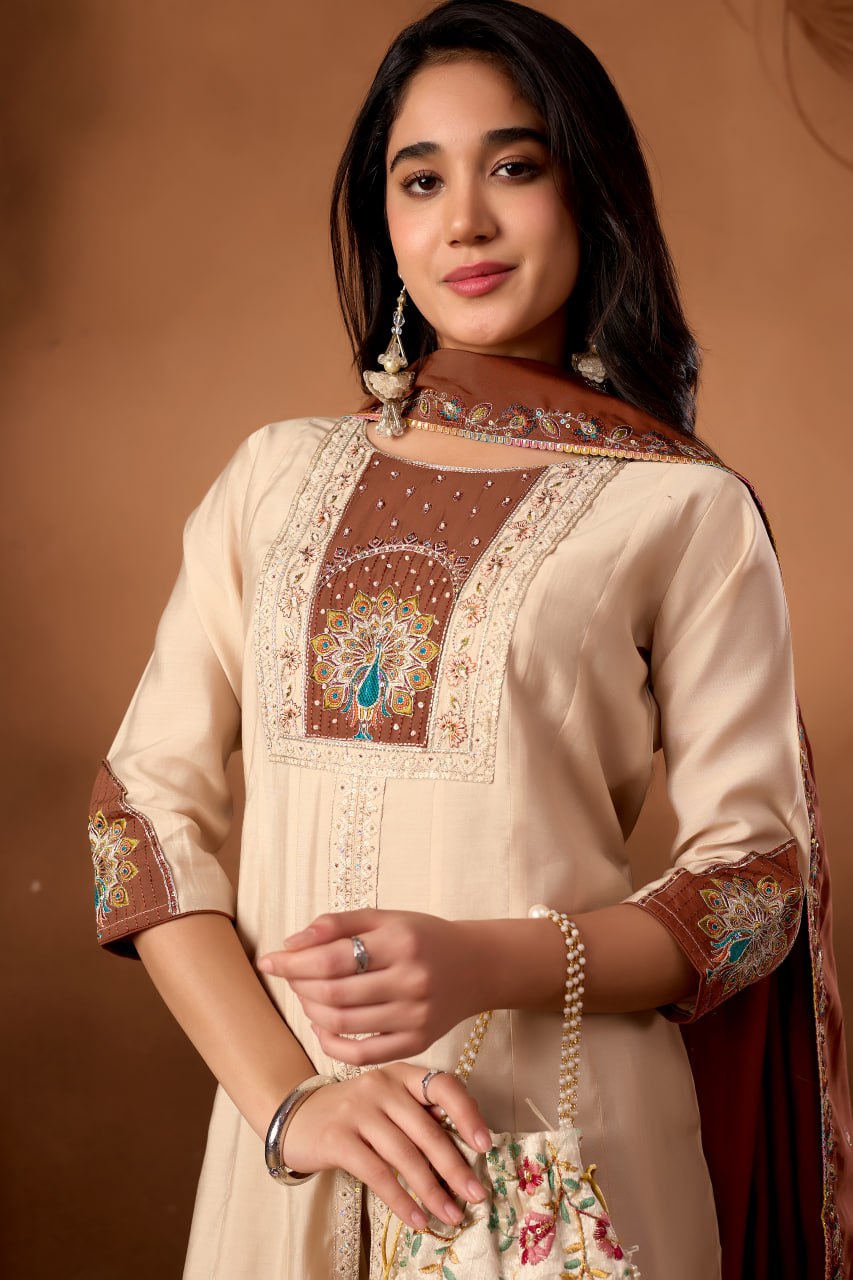 Roman Silk Anarkali Kurti Set with Plazo & Embroidered Dupatta