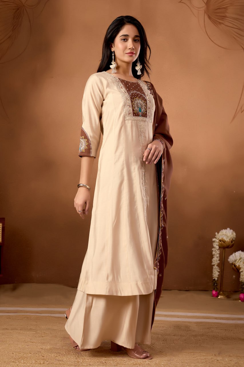 Roman Silk Anarkali Kurti Set with Plazo & Embroidered Dupatta