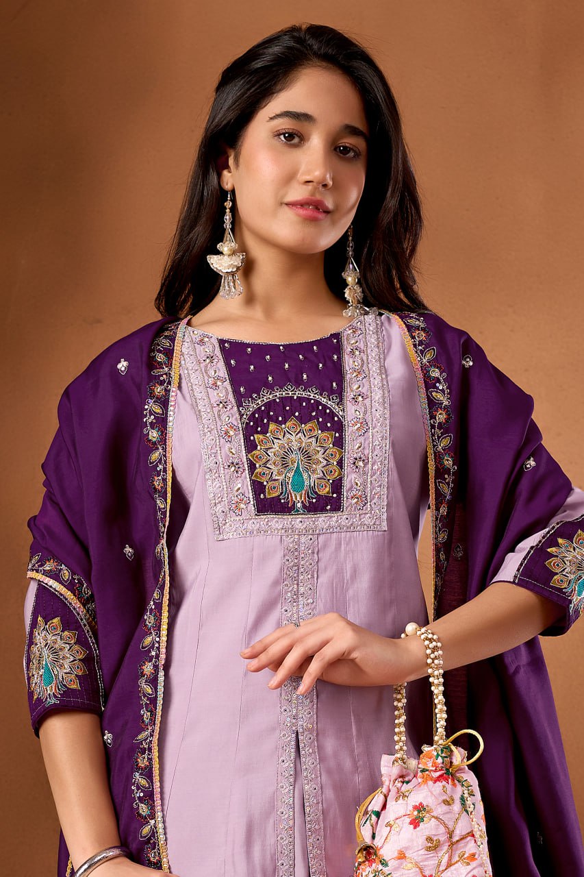 Roman Silk Anarkali Kurti Set with Plazo & Embroidered Dupatta