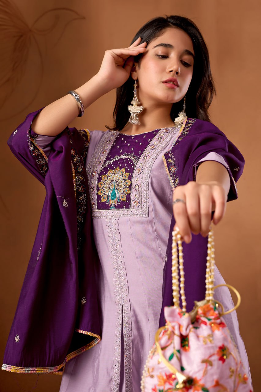 Roman Silk Anarkali Kurti Set with Plazo & Embroidered Dupatta