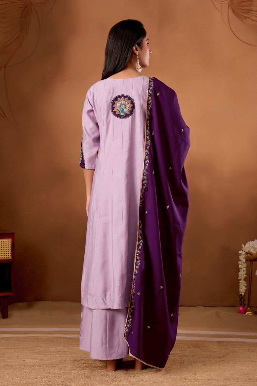 Roman Silk Anarkali Kurti Set with Plazo & Embroidered Dupatta