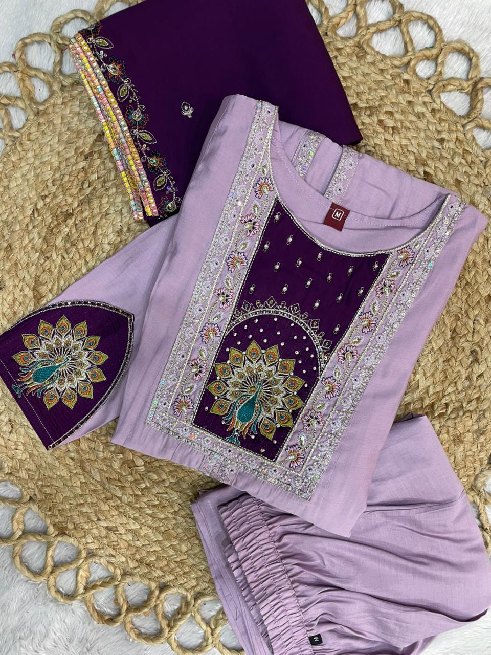 Roman Silk Anarkali Kurti Set with Plazo & Embroidered Dupatta
