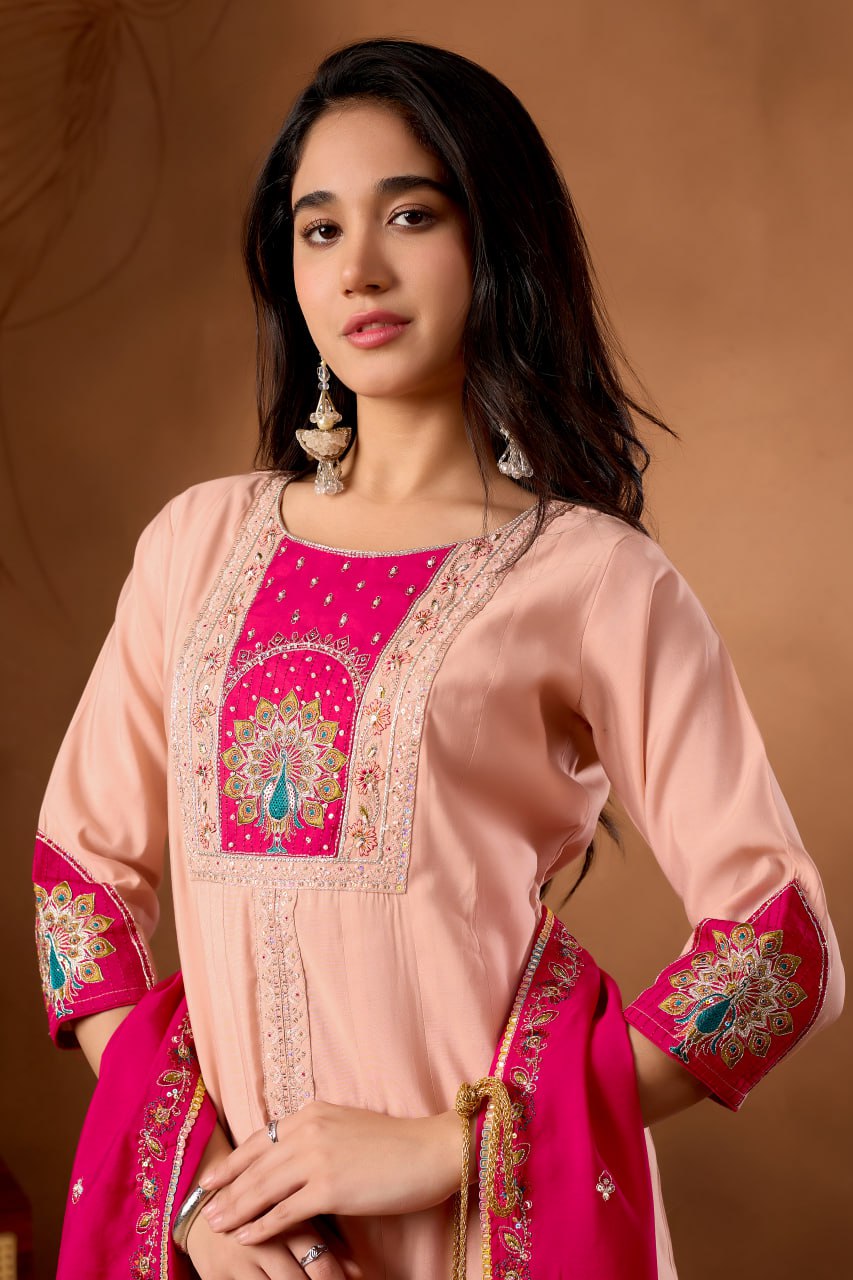 Roman Silk Anarkali Kurti Set with Plazo & Embroidered Dupatta