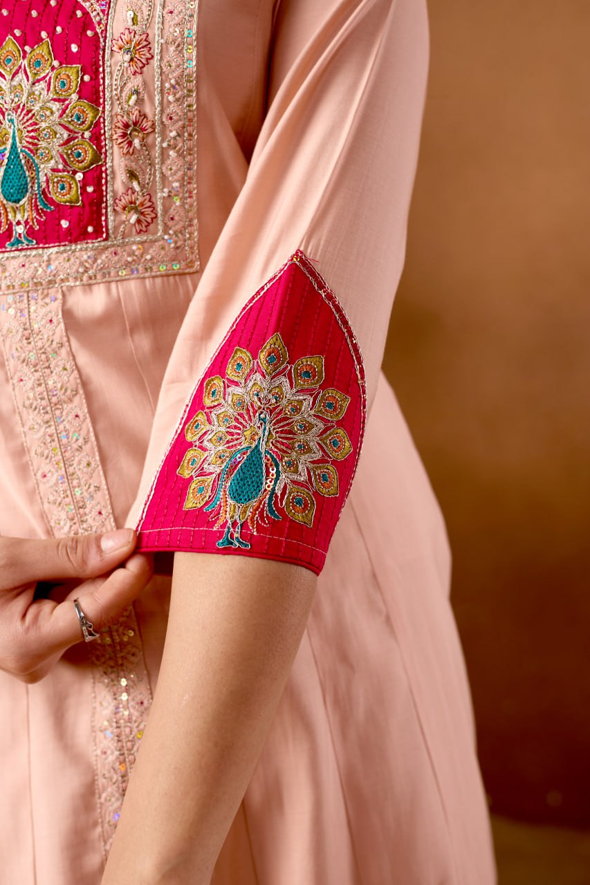 Roman Silk Anarkali Kurti Set with Plazo & Embroidered Dupatta