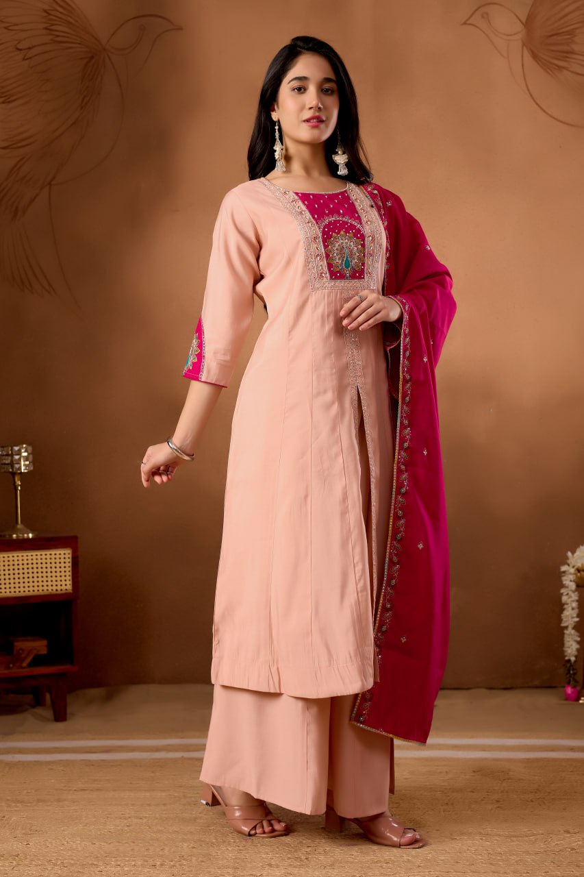 Roman Silk Anarkali Kurti Set with Plazo & Embroidered Dupatta