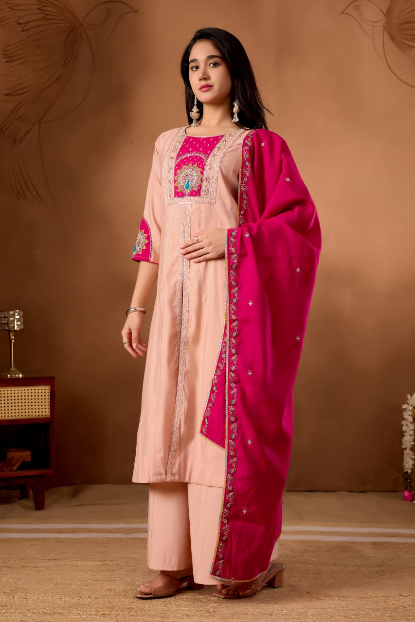 Roman Silk Anarkali Kurti Set with Plazo & Embroidered Dupatta