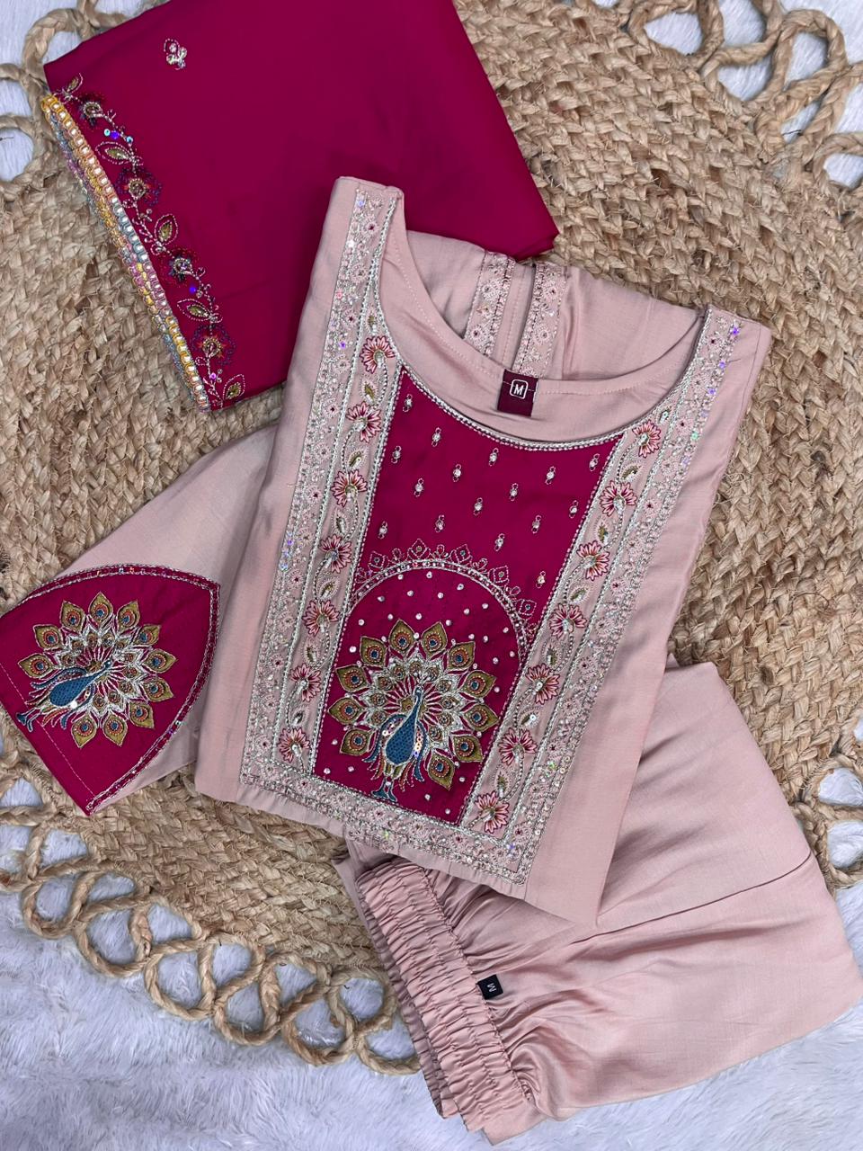 Roman Silk Anarkali Kurti Set with Plazo & Embroidered Dupatta