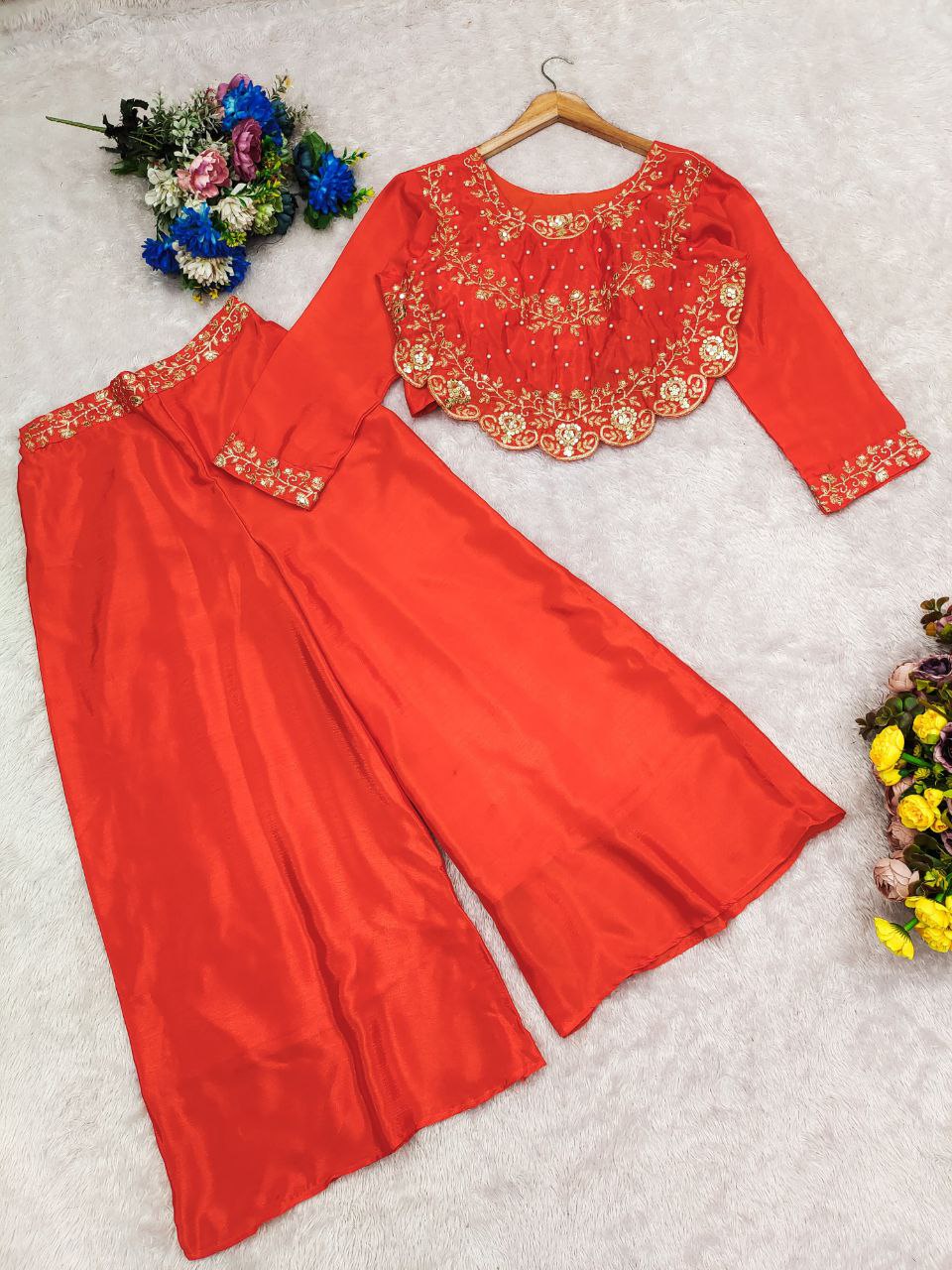 Chinnon Silk Embroidered Kurti Plazo Set with Sequence & Pearl Work – Festive Wedding Party Wear Outfit for Women