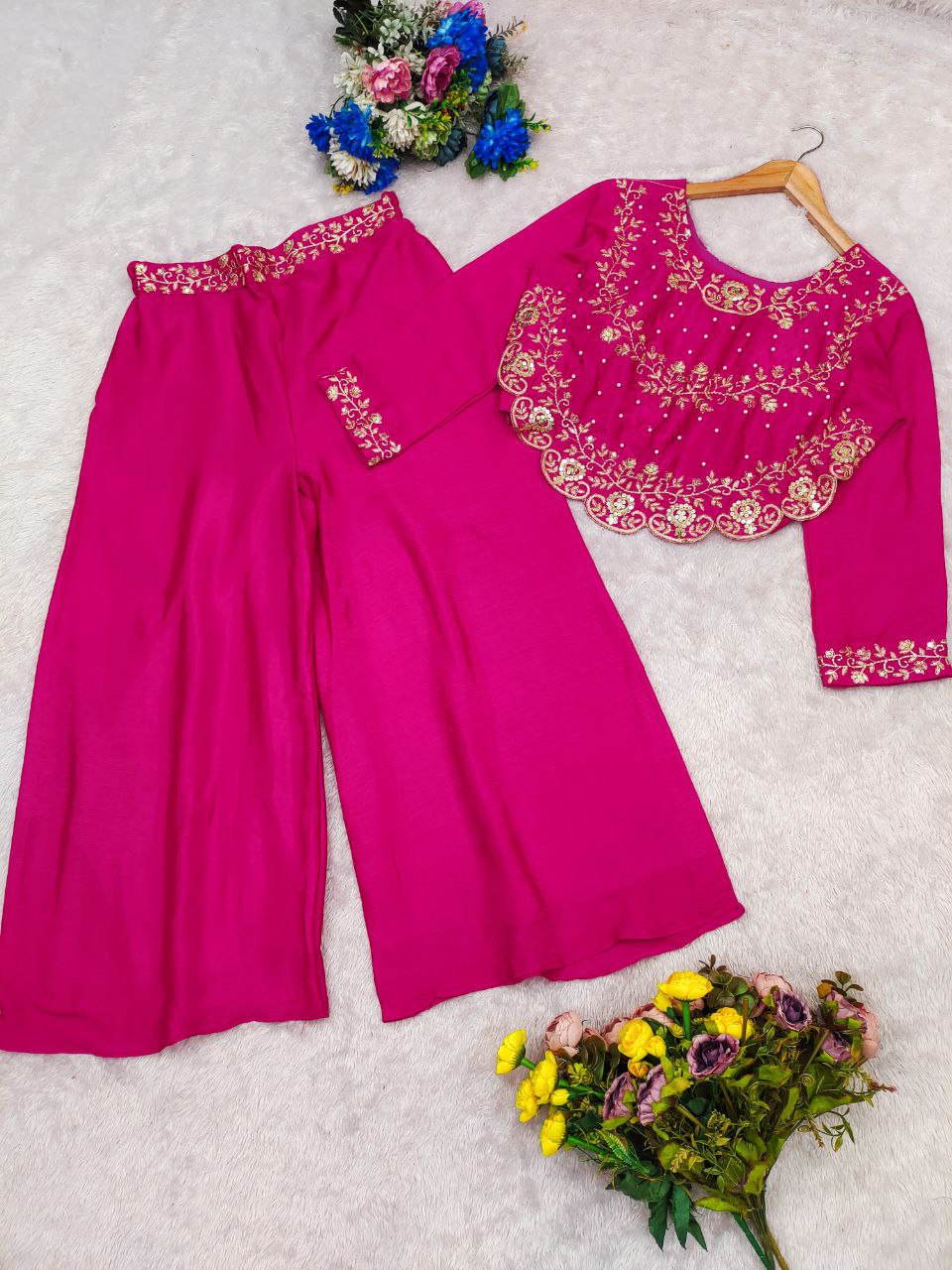 Chinnon Silk Embroidered Kurti Plazo Set with Sequence & Pearl Work – Festive Wedding Party Wear Outfit for Women