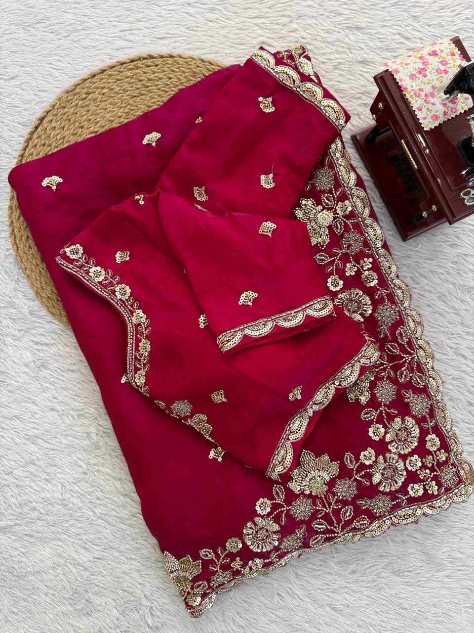 Fendy Silk Designer Saree with Heavy Beads, Thread & Sequence Work – Party Wear Wedding Saree with Unstitched Blouse