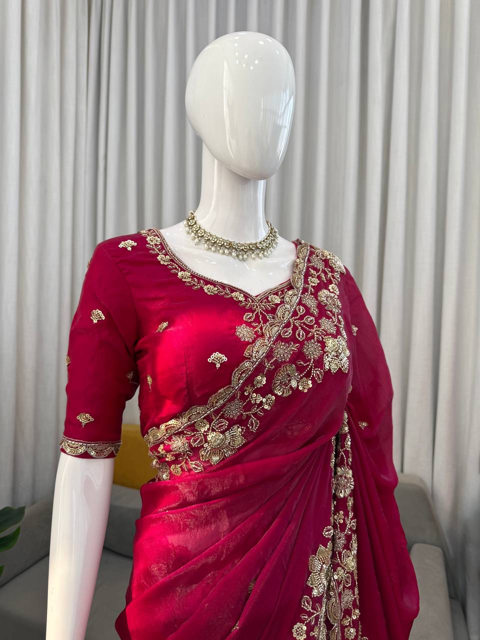Fendy Silk Designer Saree with Heavy Beads, Thread & Sequence Work – Party Wear Wedding Saree with Unstitched Blouse