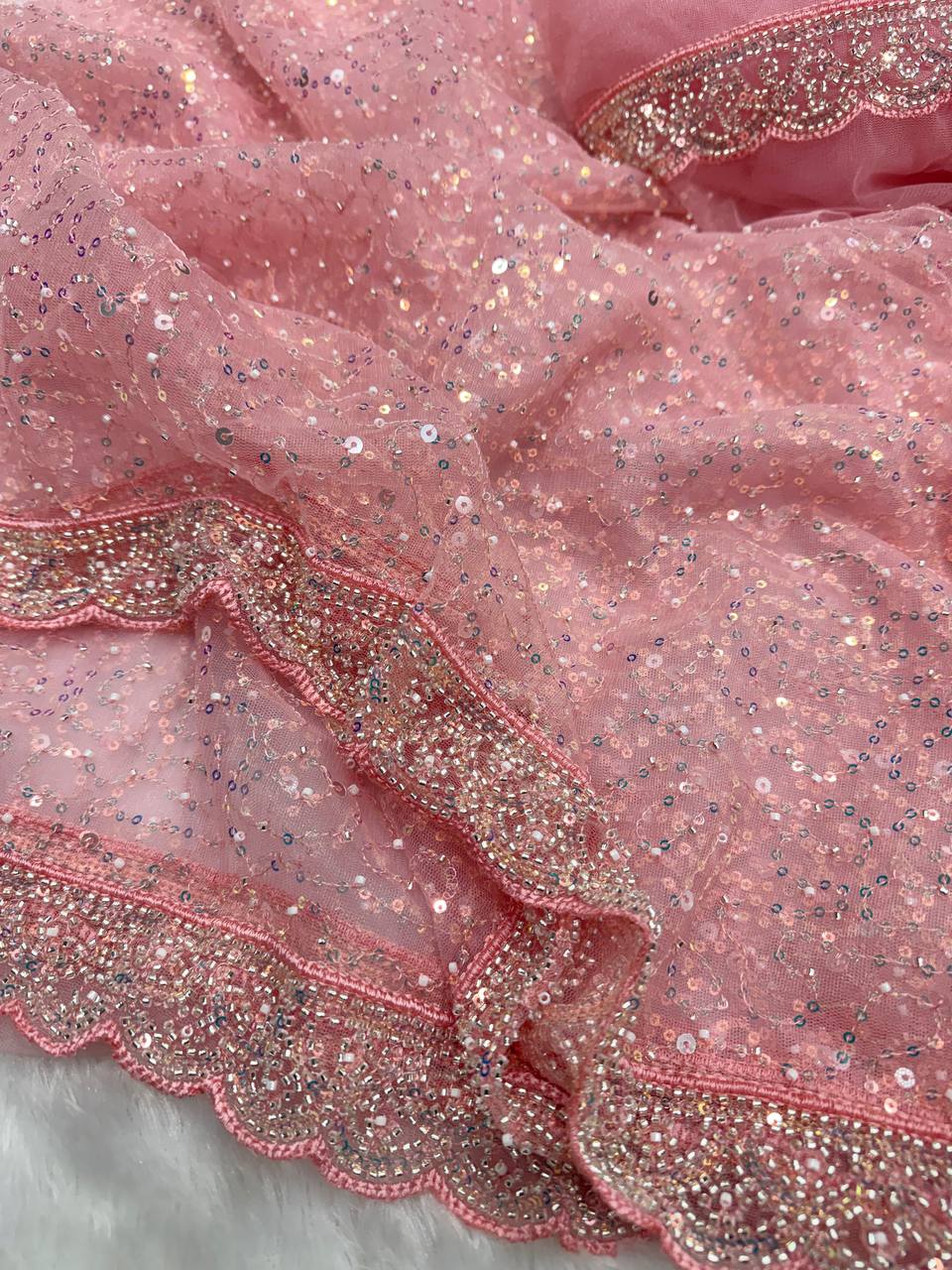 Soft Net Sequins & Beads Embroidered Saree with Designer Blouse – Wedding, Party & Festive Wear Saree