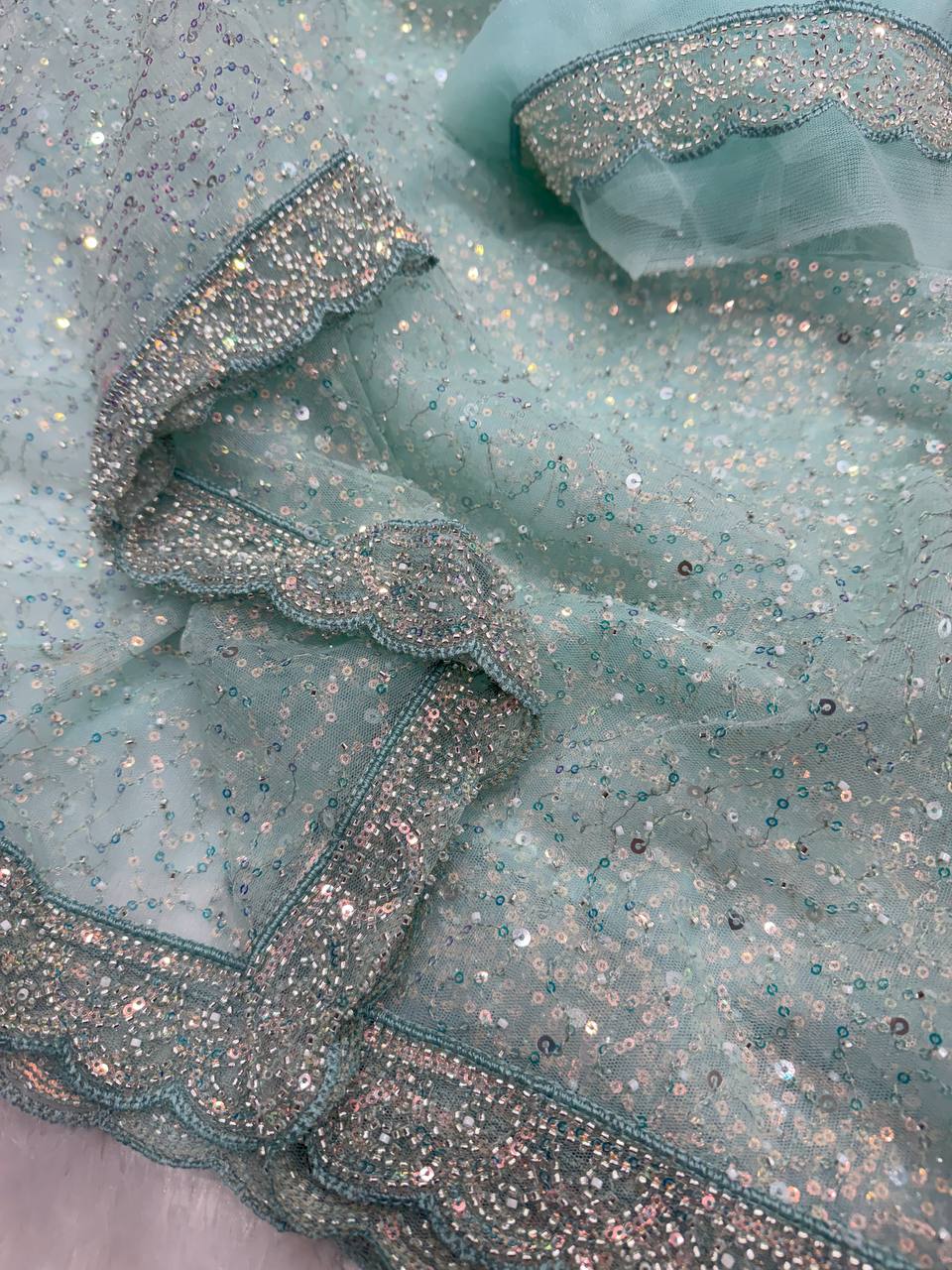 Soft Net Sequins & Beads Embroidered Saree with Designer Blouse – Wedding, Party & Festive Wear Saree