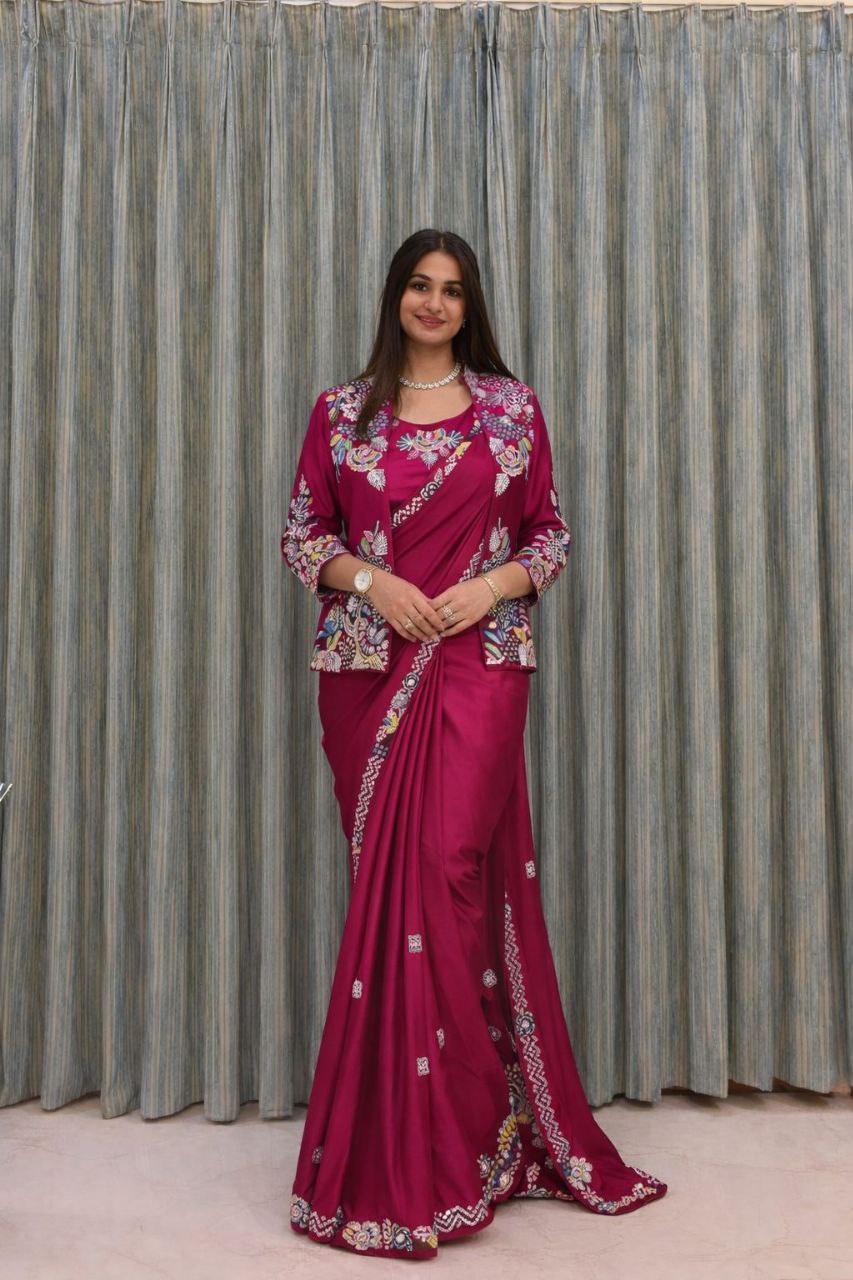 Super Trending Ready to Wear Party Saree with Embroidered Jacket Koti, Heavy Japan Satin