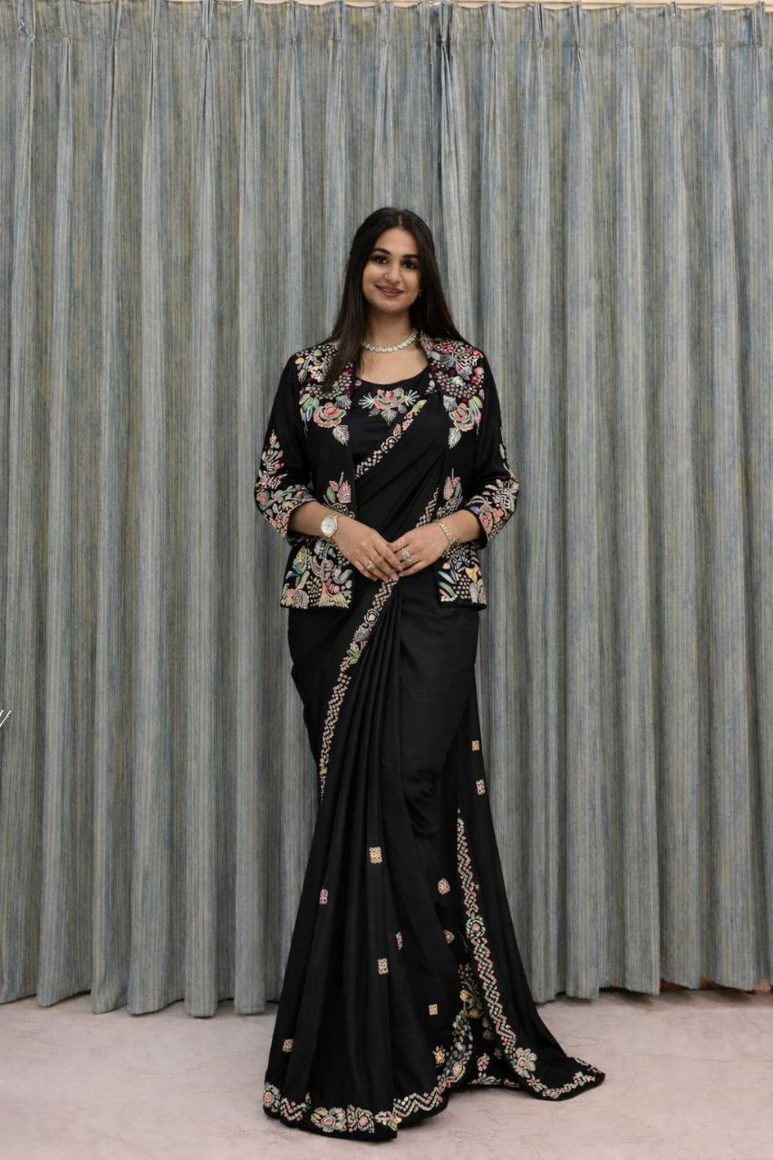 Super Trending Ready to Wear Party Saree with Embroidered Jacket Koti, Heavy Japan Satin