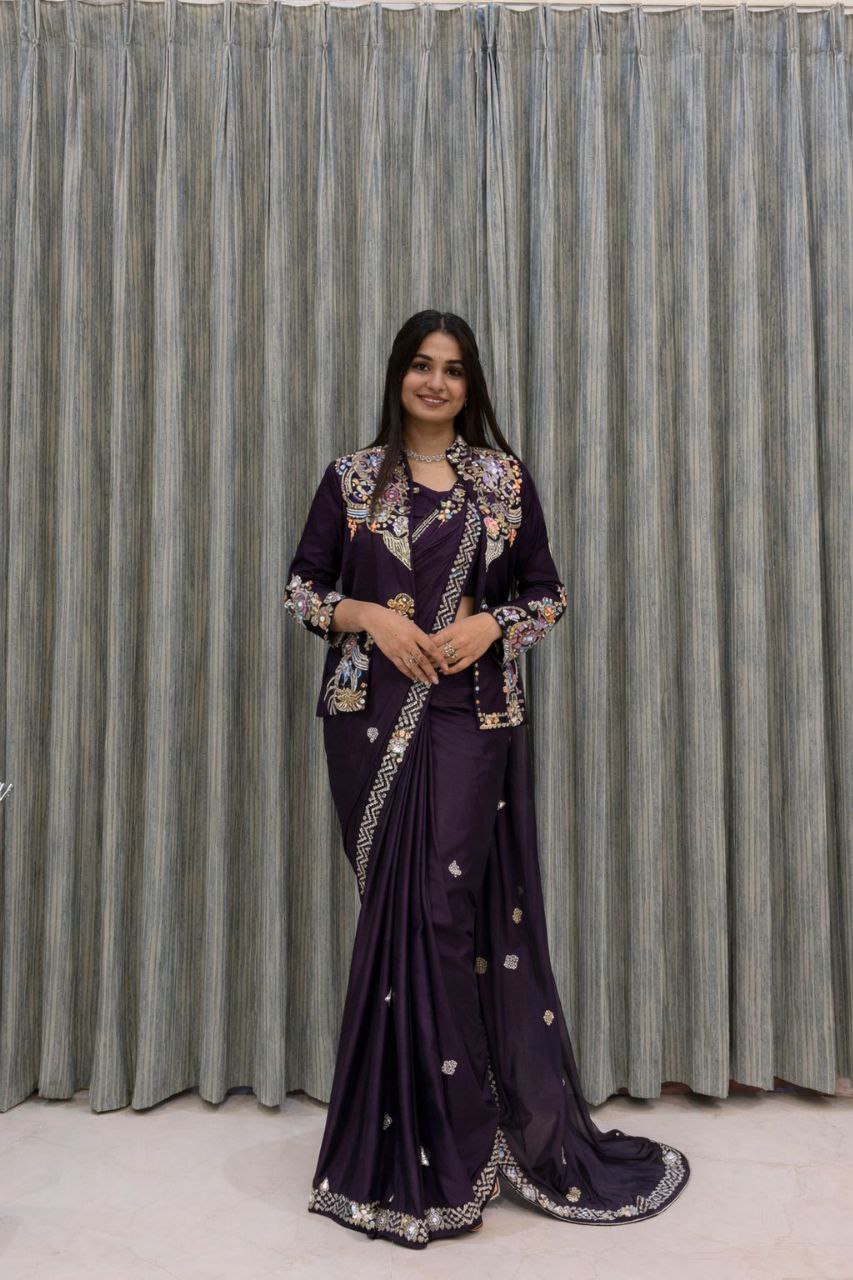 Super Trending Ready to Wear Party Saree with Embroidered Jacket Koti, Heavy Japan Satin