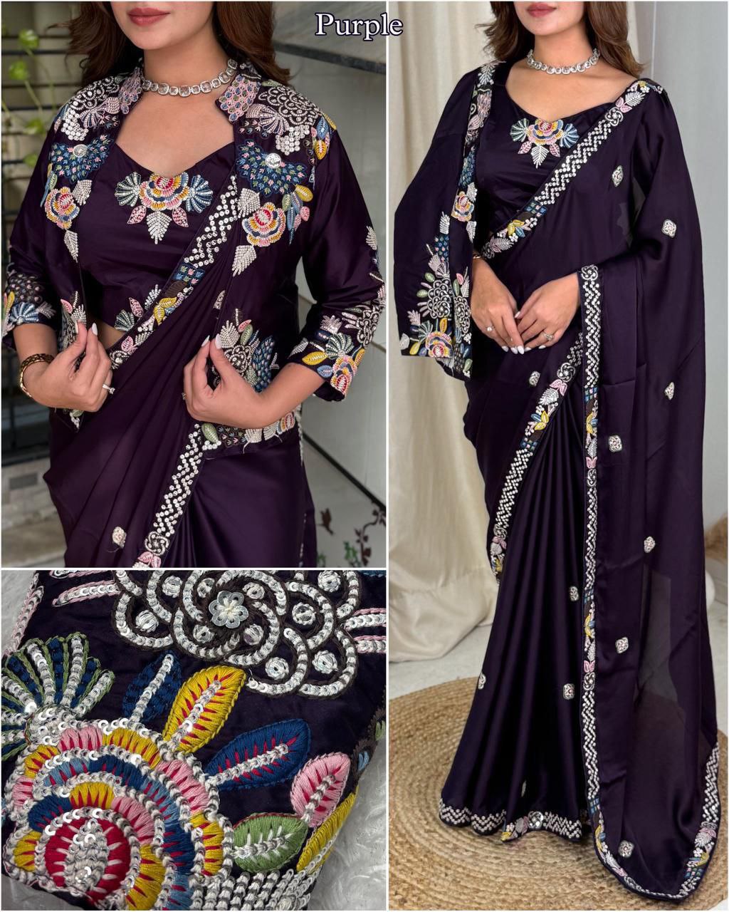 Super Trending Ready to Wear Party Saree with Embroidered Jacket Koti, Heavy Japan Satin